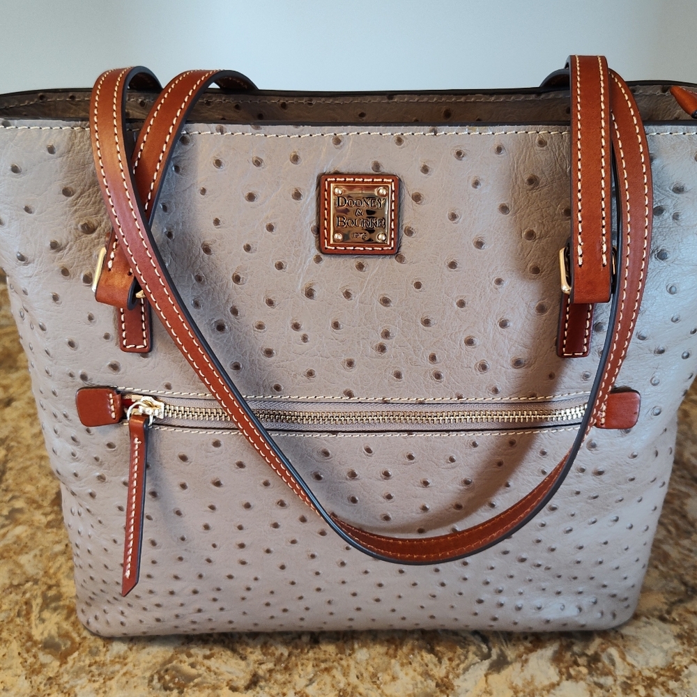 Dooney & Bourke Leather Ostrich Embossed Light Taupe Large Shopper - Excellent